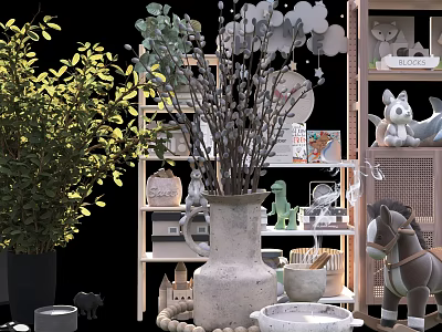 Rustic Decorative Ornaments Set With Green Plant Ceramic Vase Wooden Shelf And Animal Figurines 3d model