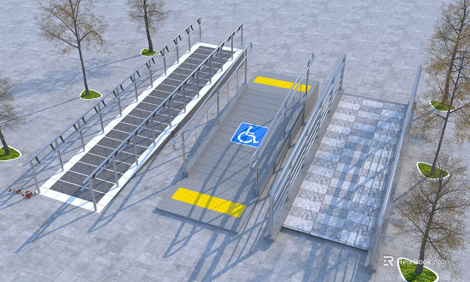 Accessible Ramp With Handrails Wheelchair Symbol Yellow Warning Strips And Paved Surface 3d model 
