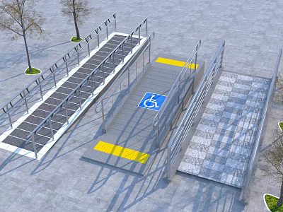 Accessible Ramp With Handrails Wheelchair Symbol Yellow Warning Strips And Paved Surface 3d model