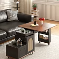 Modern Coffee Table With Storage Shelf And Black Leather Sofa In Living Room Interior
