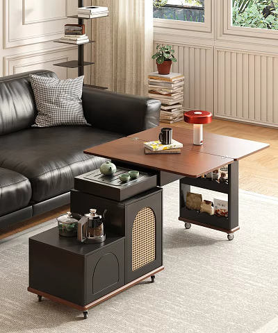 Modern Coffee Table With Storage Shelf And Black Leather Sofa In Living Room Interior 3d model