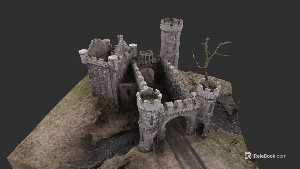 Historic Stone Castle Landscape With Towers Walls Dry Tree And Grass Terrain 3d model 