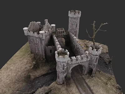 Historic Stone Castle Landscape With Towers Walls Dry Tree And Grass Terrain 3d model