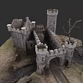 Historic Stone Castle Landscape With Towers Walls Dry Tree And Grass Terrain