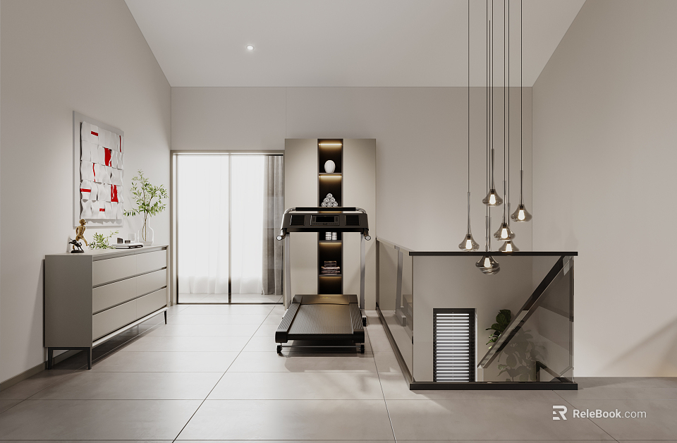 Modern Leisure Room Interior With Treadmill Hanging Pendant Lights Glass Partition And Cabinet 3d model 