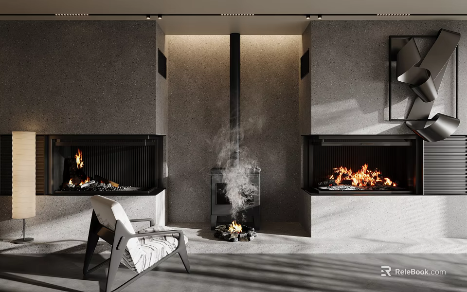 Modern Interior Design With Two Fireplaces Burning Flames Gray Walls And White Chair 3d model 