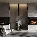 Modern Interior Design With Two Fireplaces Burning Flames Gray Walls And White Chair