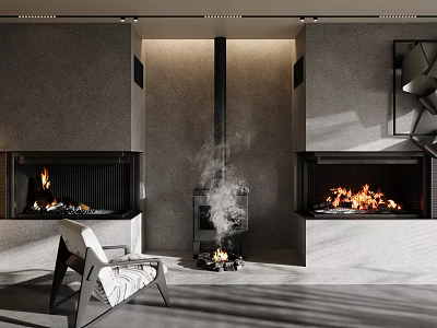 Modern Interior Design With Two Fireplaces Burning Flames Gray Walls And White Chair 3d model