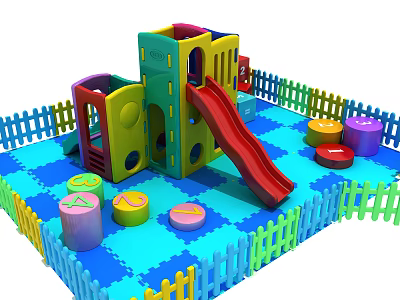 Colorful Playground Equipment With Slide Climbing Structure Fence And Interlocking Mats 3d model