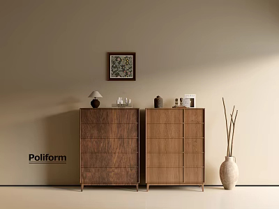 Poliform Walnut Entryway Cabinet And Sideboard With Vase Framed Art Lamp And Decorative Items 3d model