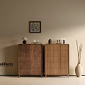 Poliform Walnut Entryway Cabinet And Sideboard With Vase Framed Art Lamp And Decorative Items