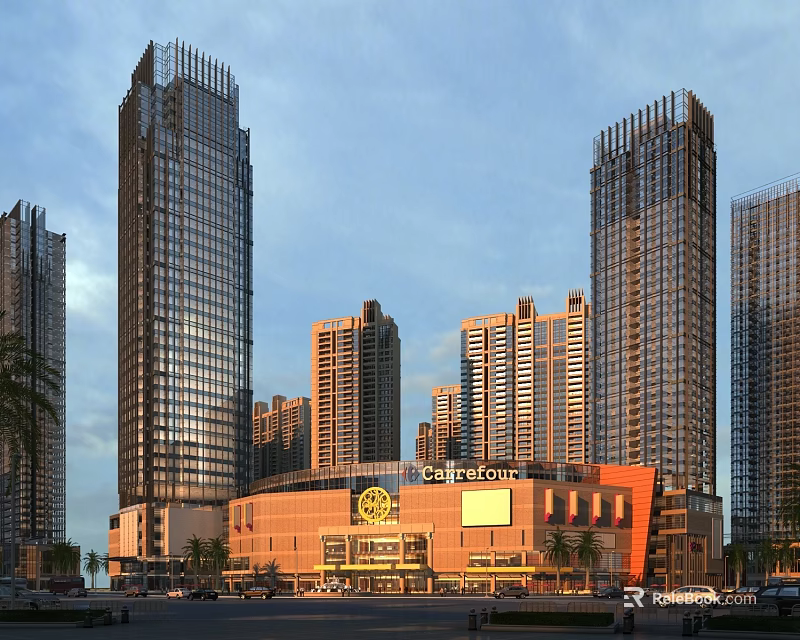Modern High Rise Residential Buildings With Glass Curtain Walls And Commercial Mall In Urban Area 3d model 