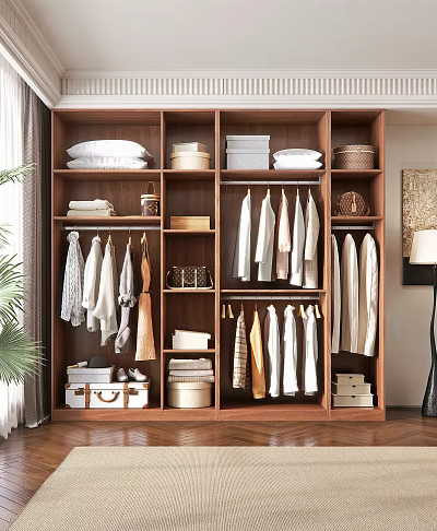Organized Wooden Wardrobe Interior With Hanging Clothes Folded Clothes And Storage Baskets 3d model