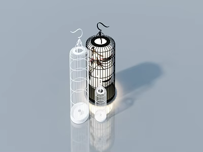 Black And White Birdcages With Swing Door Design And Small Bird On Grey Background 3d model
