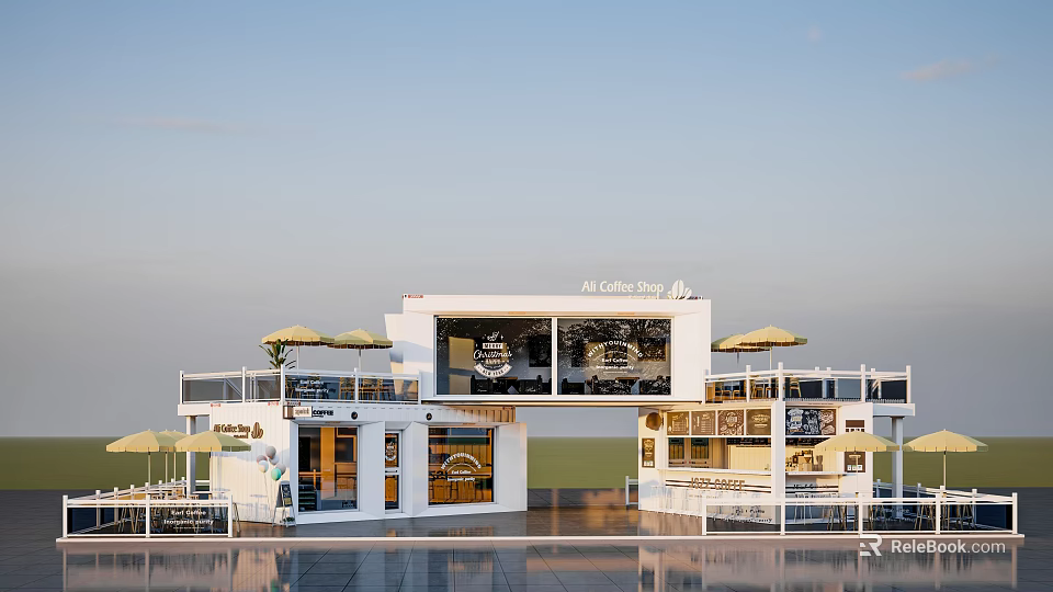 Modern White Container Building Cafe with Terrace Umbrellas and Glass Windows 3d model 