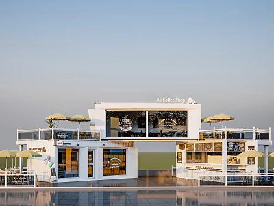 Modern White Container Building Cafe with Terrace Umbrellas and Glass Windows 3d model