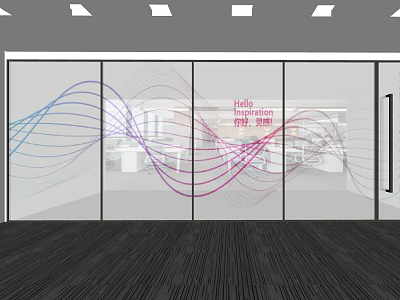 Modern Glass Partition With Colorful Wavy Lines In Office Interior 3d model