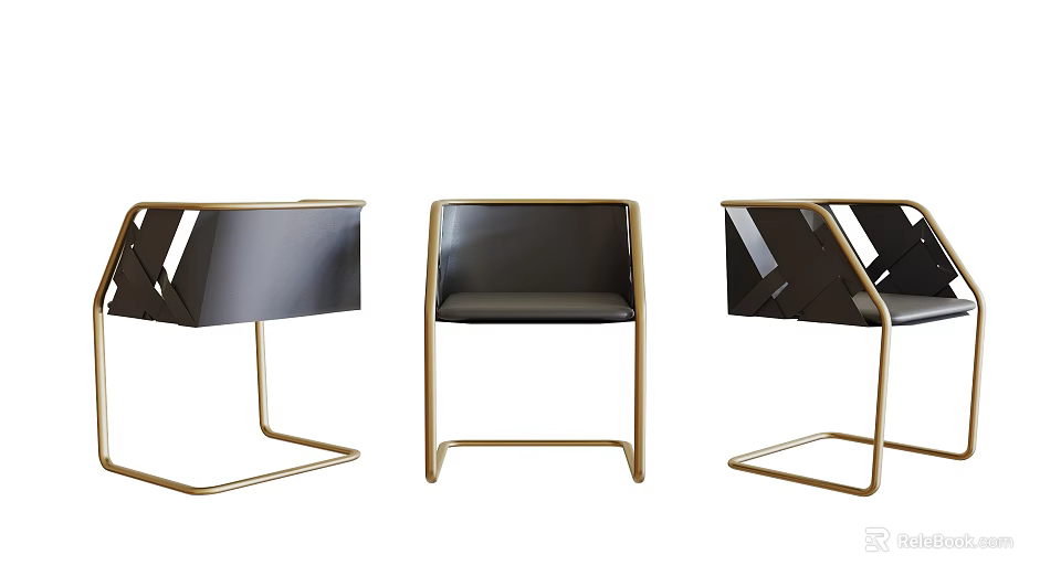 Modern Office Chair With Black Leather Seat And Gold Metal Frame Design 3d model 