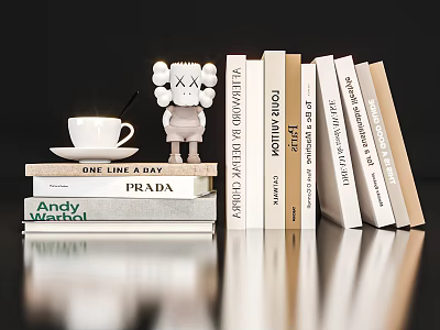 Books with Andy Warhol Prada Love Story Great Gatsby Art Figure and Coffee Cup 3d model