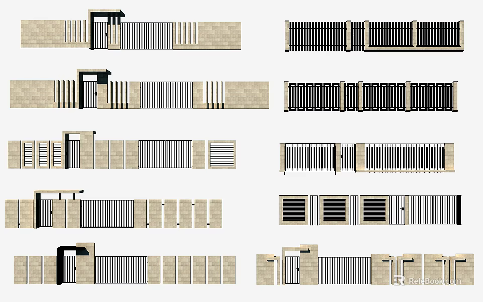 Building Exterior Wall Designs With Various Fence Structures And Gate Styles 3d model