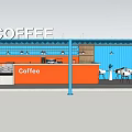 Modern Cafe Interior With Orange Blue Walls Coffee Machine And Dessert Display Counter