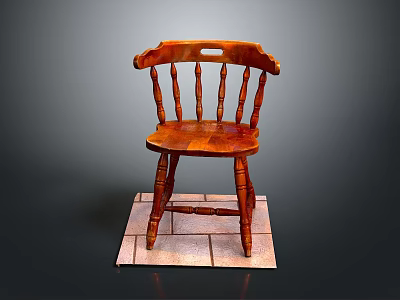 Wooden Chair With Carved Legs Curved Backrest And Armrest On Tile Base 3d model