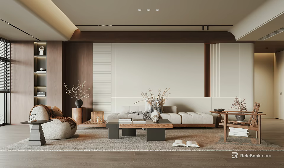 Minimalist Living Room Interior With Neutral Tones Sofa Coffee Table And Decorative Plants 3d model 