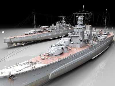 Two Vintage Warship Model Replicas With Detailed Decks And Turrets 3d model