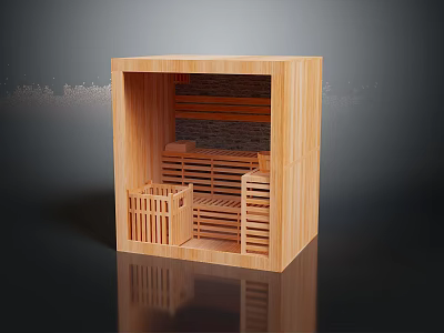 Modern Wooden Sauna Interior Design With Wooden Benches And Storage Shelf 3d model