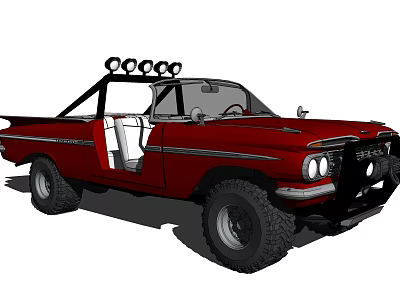 Red Vintage Pickup Truck with Roof Mounted Spotlights Open Doors and Large Off Road Tires 3d model