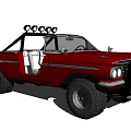 Red Vintage Pickup Truck with Roof Mounted Spotlights Open Doors and Large Off Road Tires