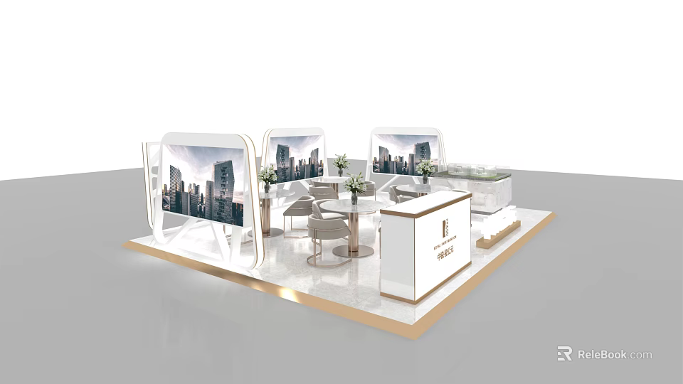 Modern Exhibition Booth With Display Screens Tables Chairs Decorative Flowers And Display Cabinets 3d model 