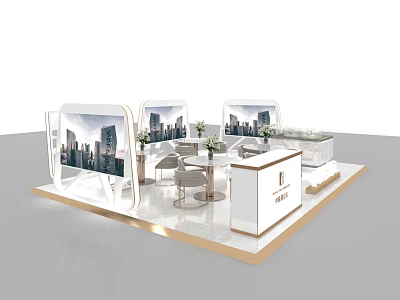 Modern Exhibition Booth With Display Screens Tables Chairs Decorative Flowers And Display Cabinets 3d model