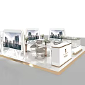 Modern Exhibition Booth With Display Screens Tables Chairs Decorative Flowers And Display Cabinets