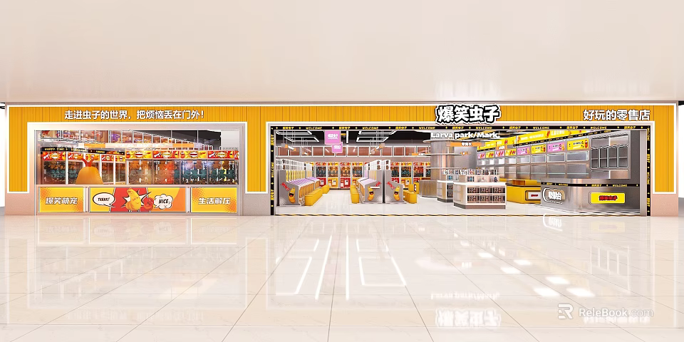 Funny Bugs Themed Shopping Mall Store With Yellow Storefront Glass Doors And Product Displays 3d model 