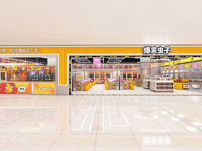 Funny Bugs Themed Shopping Mall Store With Yellow Storefront Glass Doors And Product Displays 3d model