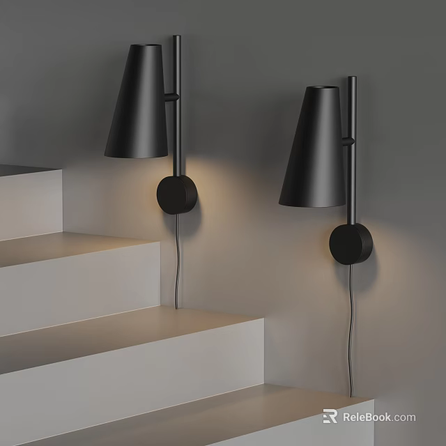 Modern Black Wall Sconces With Sleek Cone Design Illuminating White Stair Steps 3d model 