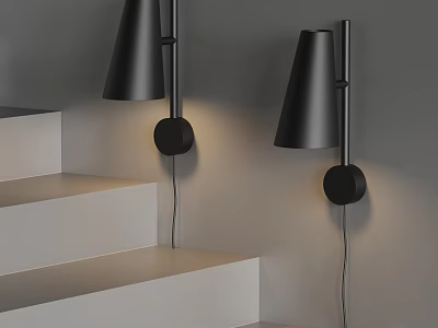 Modern Black Wall Sconces With Sleek Cone Design Illuminating White Stair Steps 3d model