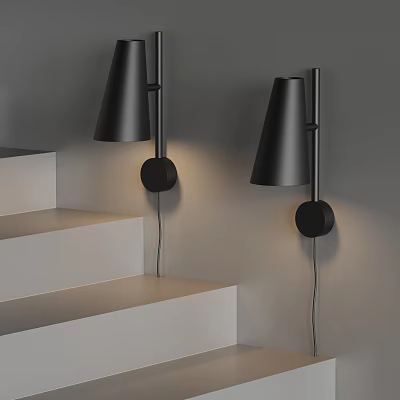 Modern Black Wall Sconces With Sleek Cone Design Illuminating White Stair Steps 3d model