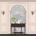 Elegant Interior Decor With White Walls Arched Decoration Tree Patterned Wallpaper And Wall Sconces 3d model