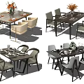 Modern Dining Table And Chairs Set With Beige Gray Seats And Tableware Decor 3d model