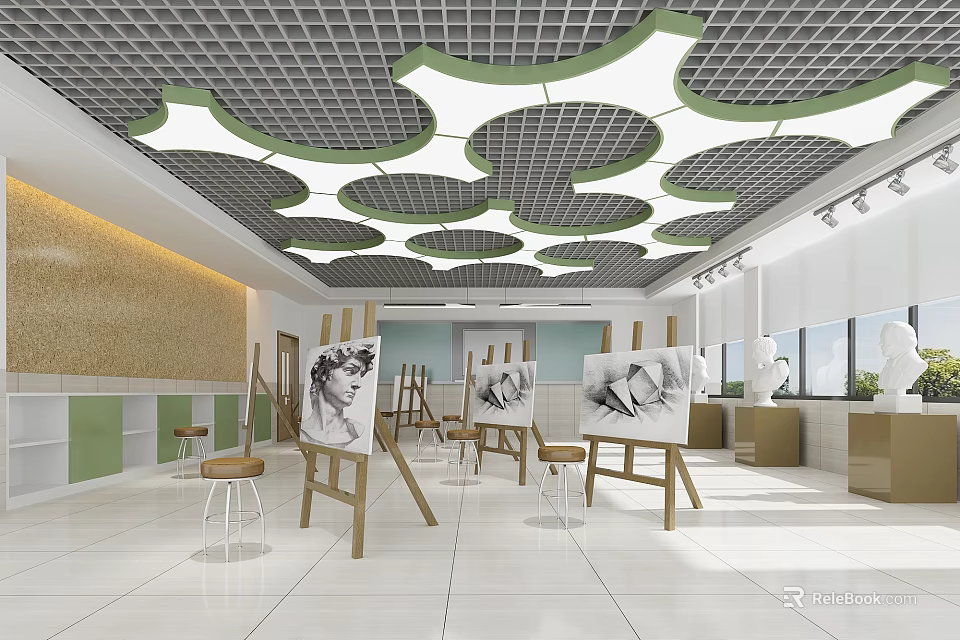 Art Classroom Interior With Easels And Artworks 3d model