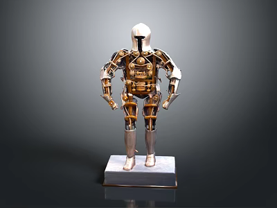 Intricate Humanoid Sculpture with Gold and Silver Metallic Armor Design on White Pedestal Base 3d model