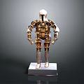 Intricate Humanoid Sculpture with Gold and Silver Metallic Armor Design on White Pedestal Base