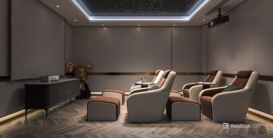 Modern Home Theater Interior Design With Starry Ceiling And Comfortable Seats Herringbone Floor 3d model 