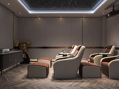 Modern Home Theater Interior Design With Starry Ceiling And Comfortable Seats Herringbone Floor 3d model
