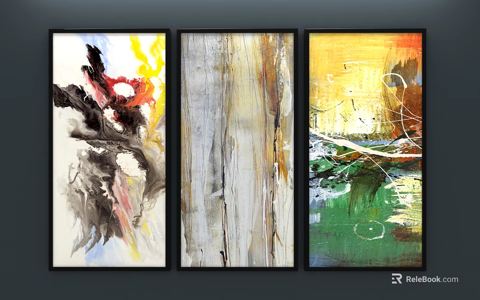 Three Panel Abstract Oil Paintings With Vibrant Colors And Textured Brushstrokes 3d model 