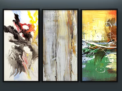 Three Panel Abstract Oil Paintings With Vibrant Colors And Textured Brushstrokes 3d model