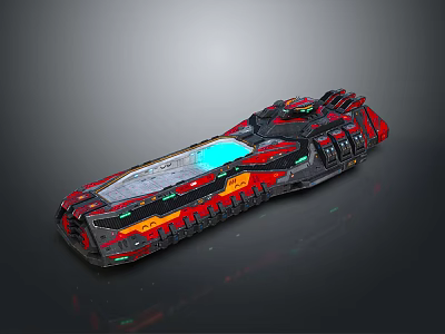 Futuristic Cosmic Spaceship With Red Black Exterior And Blue Glowing Accents 3d model
