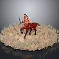 Fierce Game Movie Character Riding Brown Horse Holding Spear In Dry Grassland